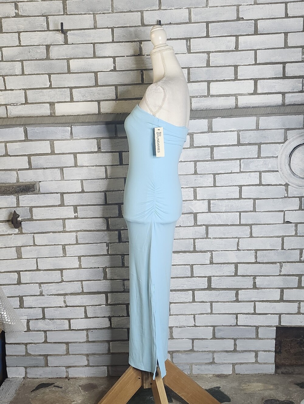 • NWT No Boundaries Tube Ribbed Maxi Dress XXS 00 Blue Droplet Side Slit Ruched - Picture 3 of 11